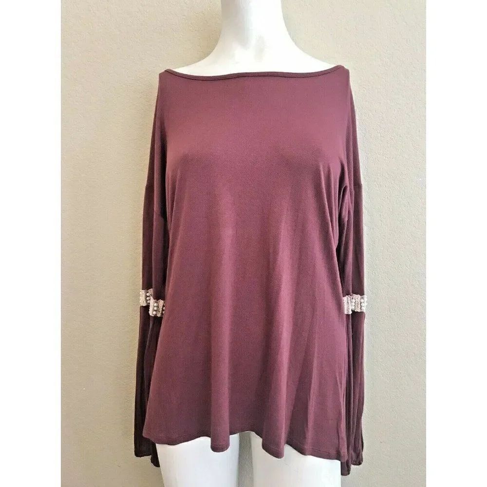Large Blouse Pearls Long Sleeve Wine Top